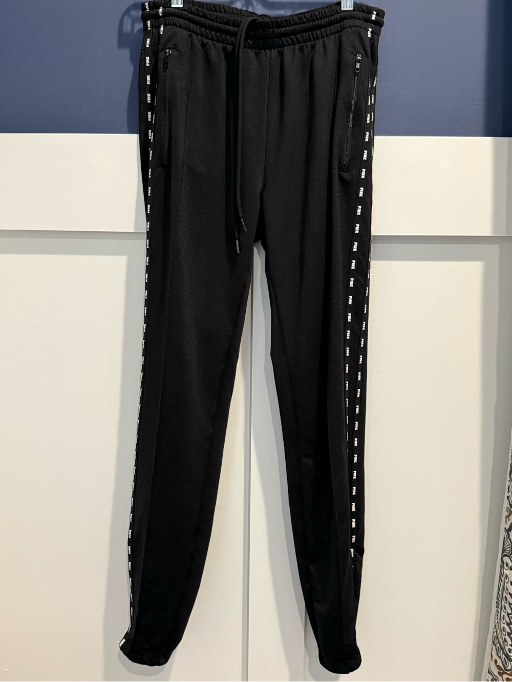 PINK Victoria's Secret Black Jogger Pants with White Logo Side Tape Size M